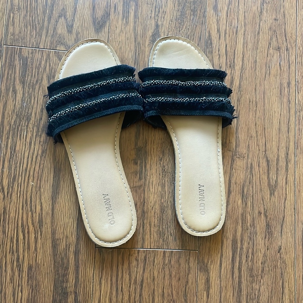 Old Navy Beaded Fringe Flat Slide Sandals
